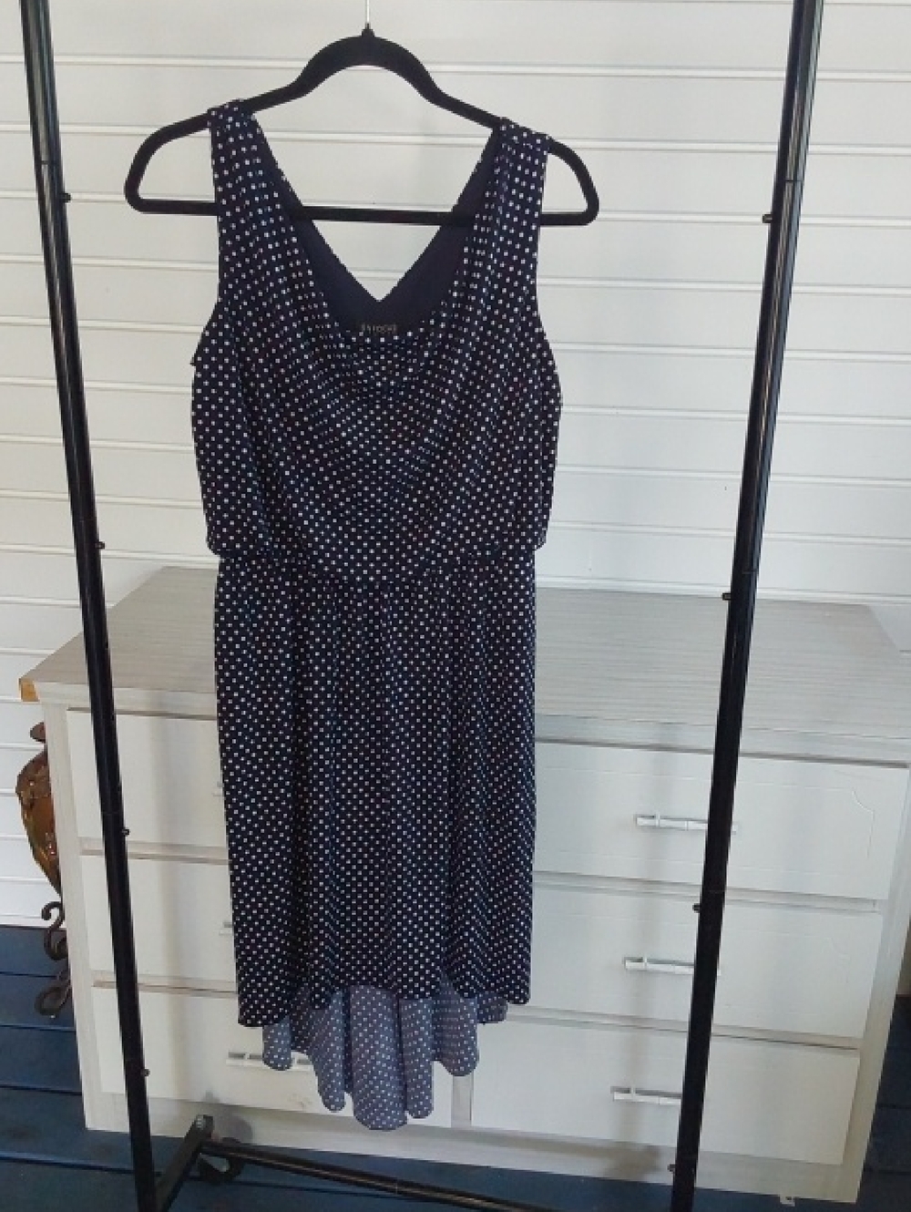 Enfocus Studio Navy Polka Dot High-Low Midi Dress Size 10